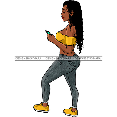 Young Black Woman Jeans Yellow Halter Top Cellphone Mobile Yellow Sneakers Hips  Clipart Graphic  Skillz JPG PNG  Clipart Cricut Silhouette Cut Cutting