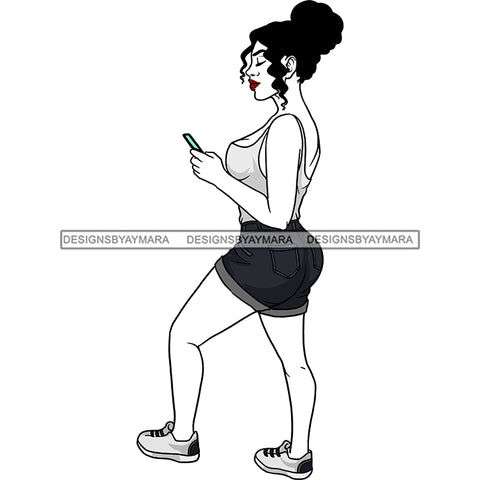 Young Black Woman Jean Shorts  Tank Top Cellphone Mobile  Sneakers Hips Transparent Coloring Page Clipart Graphic  Skillz JPG PNG  Clipart Cricut Silhouette Cut Cutting