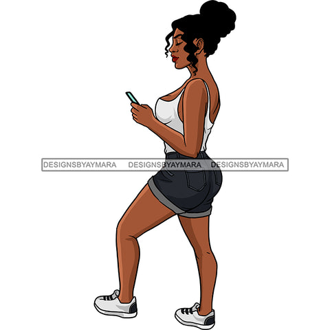 Young Black Woman Jean Shorts White Tank Top Cellphone Mobile White Sneakers Hips Transparent Coloring Clipart Graphic  Skillz JPG PNG  Clipart Cricut Silhouette Cut Cutting