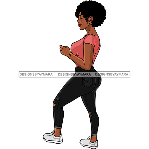Young Black Woman Afro Ripped Torn Jeans Pink Top Standing Gold Bracelet  White Sneakers Hips Clipart Graphic  Skillz JPG PNG  Clipart Cricut Silhouette Cut Cutting