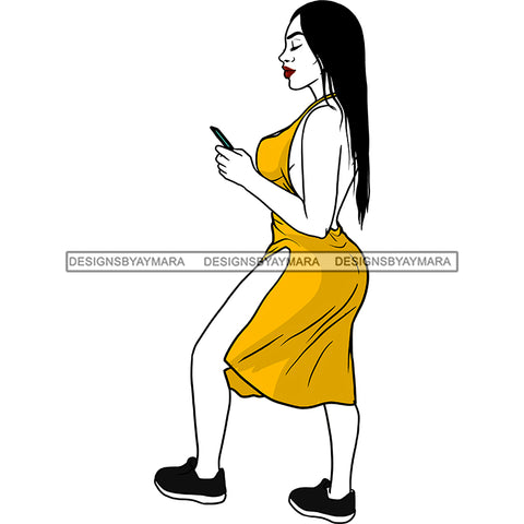 Young Black Woman Yellow Gold Split Dress Standing Cellphone Mobile  Black Sneakers Transparent Clipart Graphic  Skillz JPG PNG  Clipart Cricut Silhouette Cut Cutting