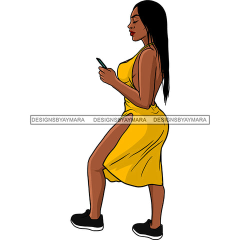 Young Black Woman Yellow Gold Split Dress Standing Cellphone Mobile  Black Sneakers Hips Clipart Graphic  Skillz JPG PNG  Clipart Cricut Silhouette Cut Cutting