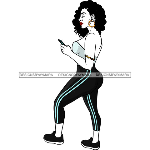 Young Black Woman Track Pants Exercise Running Halter Top Standing Cellphone Mobile  Black Sneakers Transparent Clipart Graphic  Skillz JPG PNG  Clipart Cricut Silhouette Cut Cutting