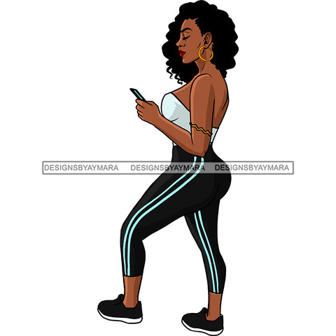 Young Black Woman Track Pants Exercise Running Halter Top Standing Cellphone Mobile  Black Sneakers Clipart Graphic  Skillz JPG PNG  Clipart Cricut Silhouette Cut Cutting