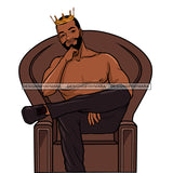 Black Bearded Shirtless King Smiling Leg On Knee Crown Sitting Brown Throne Chair Smiling Clipart Graphic  Skillz JPG PNG  Clipart Cricut Silhouette Cut Cutting