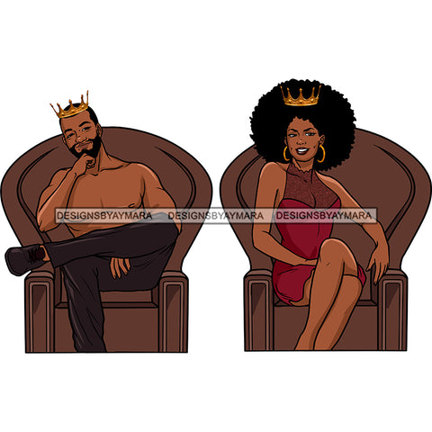 Black Bearded Shirtless King Black Queen Afro Burgundy Dress Wearing Crown Sitting Brown Throne Chair Gold Hoops Smiling Clipart Graphic  Skillz JPG PNG  Clipart Cricut Silhouette Cut Cutting