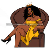 Black Queen Gold Yellow Split Dress Legs Crossed Crown Black Strapped Heels Sitting Brown Throne Chair Smiling Clipart Graphic  Skillz JPG PNG  Clipart Cricut Silhouette Cut Cutting