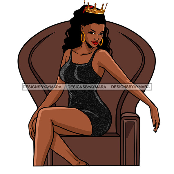 Black Queen Short Black Tight Fitting Slim Dress Legs Crossed Gold Crown Black Strapped Heels Sitting Brown Throne Chair Smiling Clipart Graphic  Skillz JPG PNG  Clipart Cricut Silhouette Cut Cutting