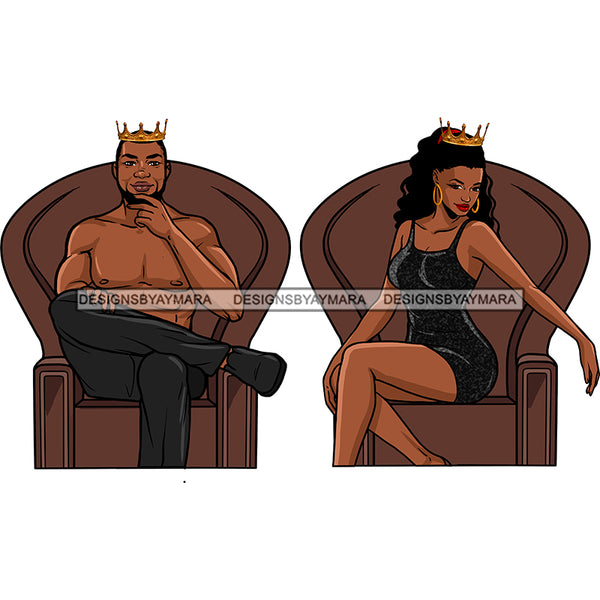 Black Queen Short Black Tight Fitting Slim Dress Legs Crossed Black Bearded King Shirtless Gold Crown Sitting Brown Throne Chair Clipart Graphic  Skillz JPG PNG  Clipart Cricut Silhouette Cut Cutting