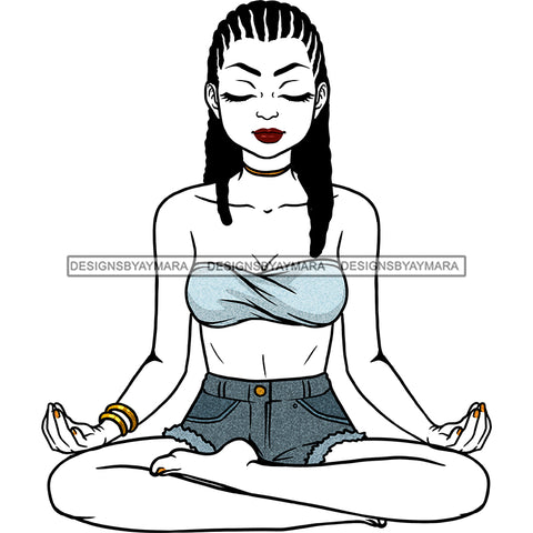 Black Woman Braids Yoga Jean Shorts Halter Gold Bracelets Relax Legs Crossed Eyes Closed Hands Open Exercise Transparent Clipart Graphic  Skillz JPG PNG  Clipart Cricut Silhouette Cut Cutting