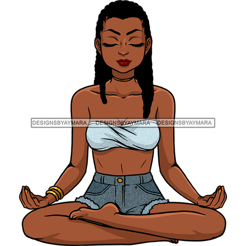 Black Woman Dreadlocs Locs Yoga Jean Shorts Halter Gold Bracelets Relax Legs Crossed Eyes Closed Hands Open Exercise Clipart Graphic  Skillz JPG PNG  Clipart Cricut Silhouette Cut Cutting