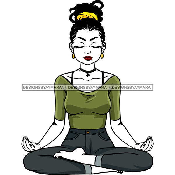 Black Woman Dreads Dreadlocs Yoga Jeans Green Top No Shoes Yellow Headband Relax Legs Crossed Eyes Closed Hands Open Exercise Transparent Clipart Graphic  Skillz JPG PNG  Clipart Cricut Silhouette Cut Cutting