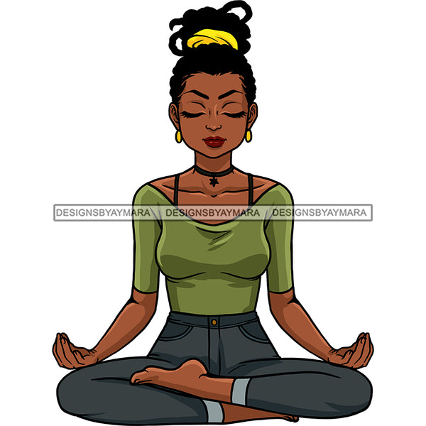 Black Woman Dreads Dreadlocs Yoga Jeans Green Top No Shoes Yellow Headband Relax Legs Crossed Eyes Closed Hands Open Exercise Clipart Graphic  Skillz JPG PNG  Clipart Cricut Silhouette Cut Cutting