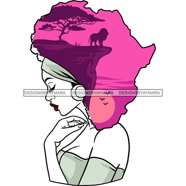 Black Woman Lady Africa Continent Shape Head Pink Purple Lion Headwrap Transparent Side View Gold Earring Clipart Graphic  Skillz JPG PNG  Clipart Cricut Silhouette Cut Cutting