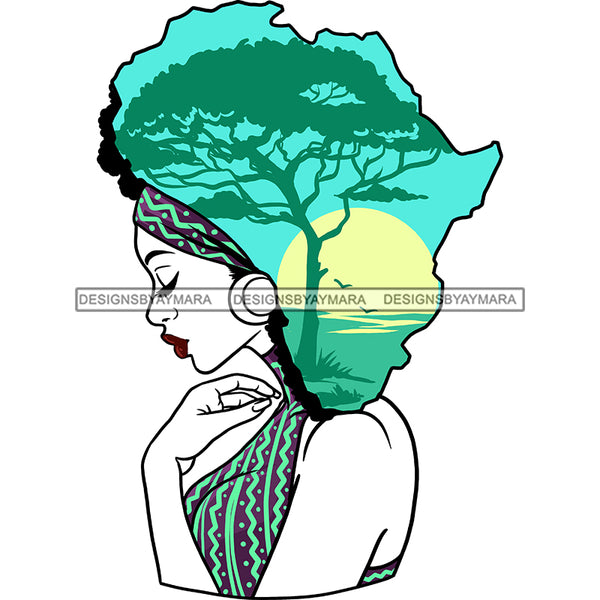 Black Woman Lady Africa Continent Shape Head Drape Dress Turquoise Trees Sun Headwrap Braids Locs Side View Gold Earring Transparent Clipart Graphic  Skillz JPG PNG  Clipart Cricut Silhouette Cut Cutting