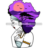 Black Woman Lady Africa Continent Shape Head Blue Drape Dress Purple Trees Sun Headwrap Braids Locs Side View Gold Necklace Earring Transparent Clipart Graphic  Skillz JPG PNG  Clipart Cricut Silhouette Cut Cutting