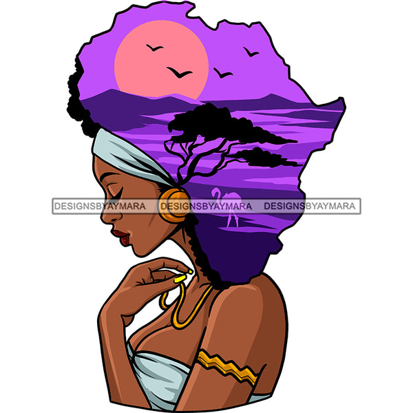 Black Woman Lady Africa Continent Shape Head Blue Drape Dress Purple Trees Sun Headwrap Braids Locs Side View Gold Necklace Earring Clipart Graphic  Skillz JPG PNG  Clipart Cricut Silhouette Cut Cutting