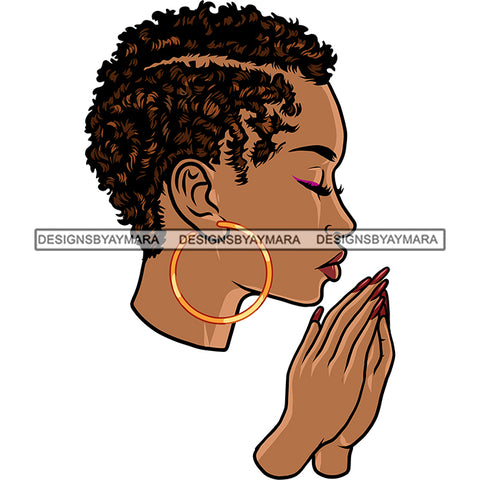 Black Woman Praying God Lord Quotes Short Hair Coil Hairstyle Prayers Hands Pray Religion Holy Worship Hope Faith Spiritual PNG JPG Cutting Designs