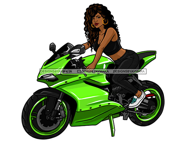 Black Woman With Long Curly Hair On Bright Green Motorcycle  JPG PNG  Clipart Cricut Silhouette Cut Cutting