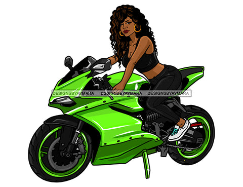 Black Woman With Long Curly Hair On Bright Green Motorcycle  JPG PNG  Clipart Cricut Silhouette Cut Cutting