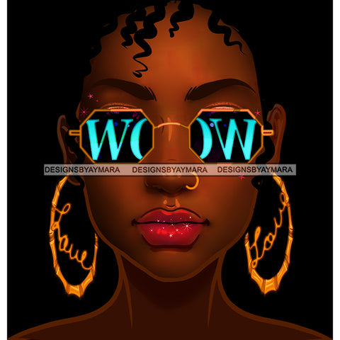 Brown Skin Short Haired Diva In Gold WOW In Blue Glasses Gold Love Hoops JPG PNG  Clipart Cricut Silhouette Cut Cutting