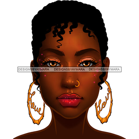 Brown Skin Short Haired Diva Wearing Gold Love Hoops JPG PNG  Clipart Cricut Silhouette Cut Cutting