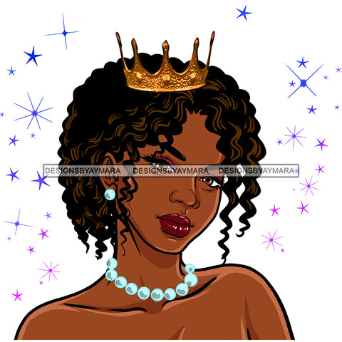 Black Queen Curly Hair Wearing A Crown And Pearls JPG PNG  Clipart Cricut Silhouette Cut Cutting