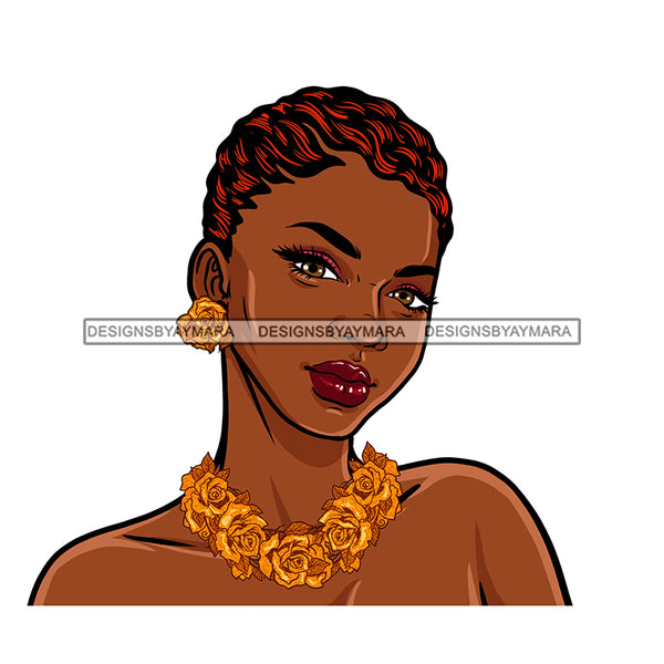 Black Queen Short Hair Wearing Gold Rose Necklace  JPG PNG  Clipart Cricut Silhouette Cut Cutting