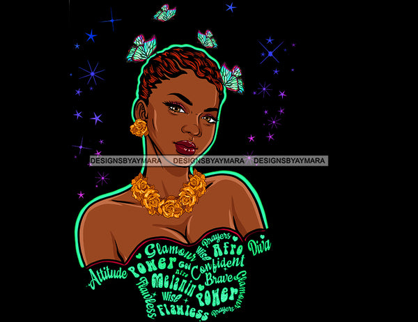 Black Queen Short Hair Wearing Gold Rose Necklace Black Gown With Words Butterflies  JPG PNG  Clipart Cricut Silhouette Cut Cutting