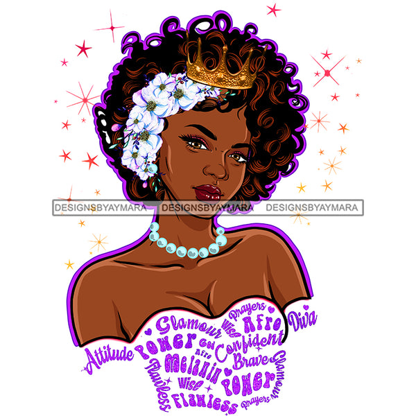 Black Queen Curly Hair With Crown White Flowers Pearls White Gown With Purple Words  JPG PNG  Clipart Cricut Silhouette Cut Cutting