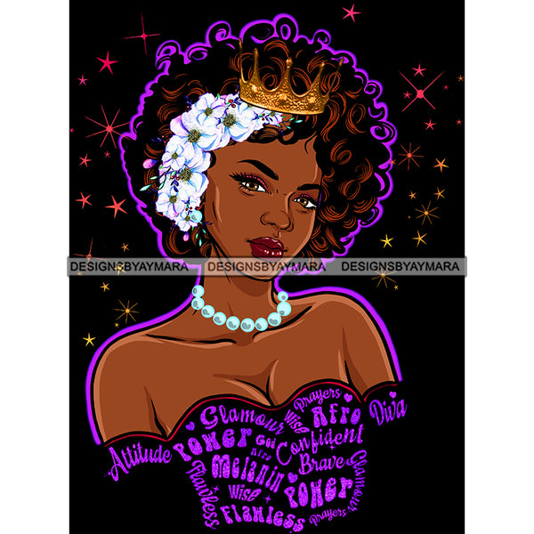 Black Queen Curly Hair Crown White Flowers And Pearls Wearing Black Gown With Purple Words  JPG PNG  Clipart Cricut Silhouette Cut Cutting