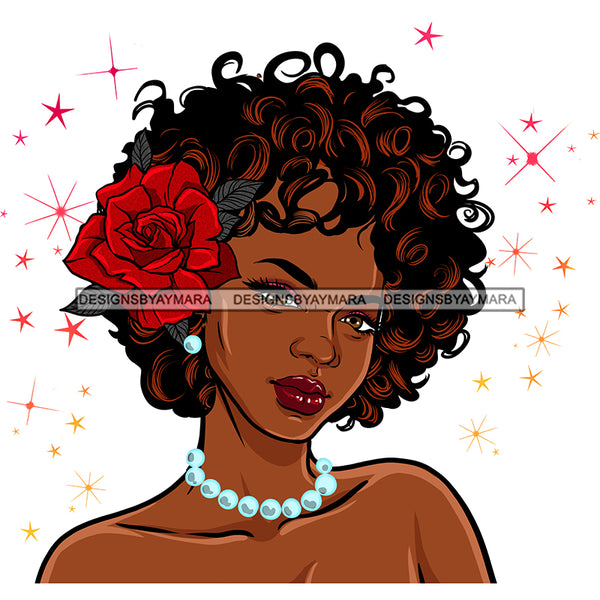 Black Queen Curly Hair With Red Rose Pearls   JPG PNG  Clipart Cricut Silhouette Cut Cutting