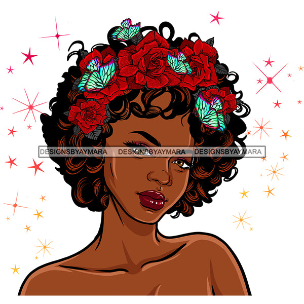 Black Queen Curly Hair Red Rose Headband With Butterflies   JPG PNG  Clipart Cricut Silhouette Cut Cutting