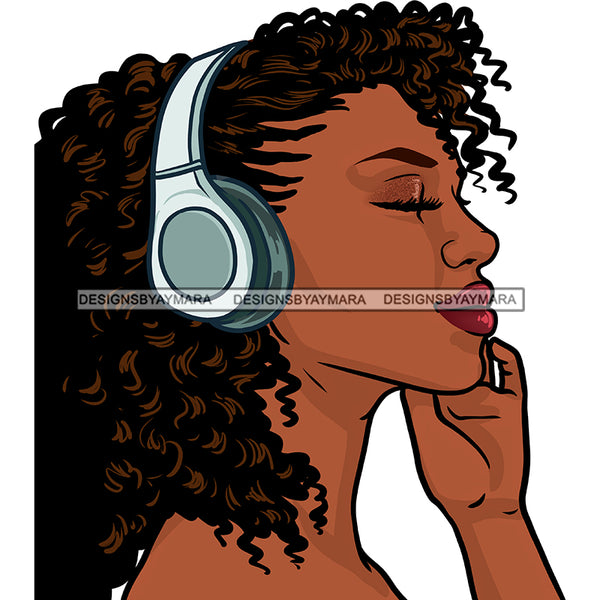 Curly Haired Black  Woman Wearing Blue Headphones JPG PNG  Clipart Cricut Silhouette Cut Cutting
