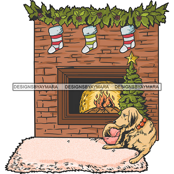 Dog By Fireplace Rug Stockings Hanging JPG PNG  Clipart Cricut Silhouette Cut Cutting