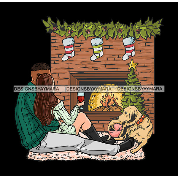 Black Caucasian Couple Fireplace And Dog  With Wine JPG PNG  Clipart Cricut Silhouette Cut Cutting