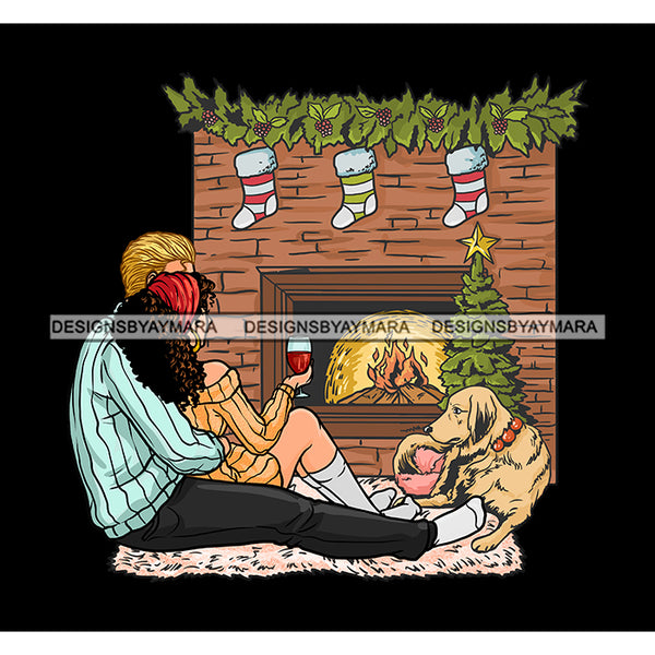 Caucasian Couple Fireplace And Dog  With Wine JPG PNG  Clipart Cricut Silhouette Cut Cutting