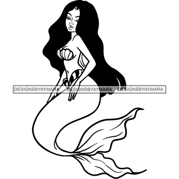 Mermaid Black And White Long Hair JPG PNG  Clipart Cricut Silhouette Cut Cutting