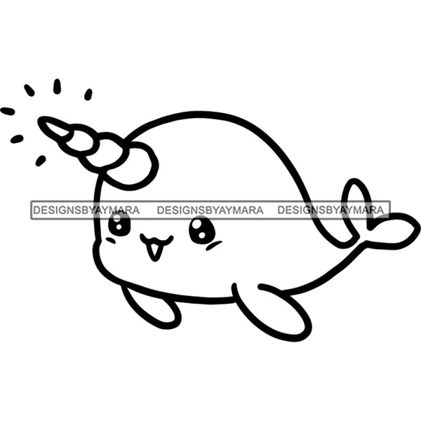 Unicorn Narwhal Narwhale Whale Sea Creature Black And White Outline JPG PNG  Clipart Cricut Silhouette Cut Cutting