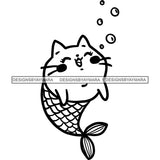 Cat Mermaid Sea Creature Black And White Outline JPG PNG  Clipart Cricut Silhouette Cut Cutting