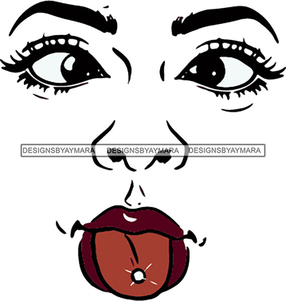 Afro Black Woman Funny Face Outline Sticking Tongue Out Piercing B/W SVG Cutting Files For Silhouette Cricut More