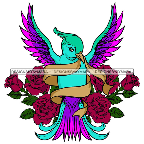 Colorful Bird Animal Wings Freedom Tattoo Ribbon Rosses Wedding SVG PNG JPG Cut Files For Silhouette Cricut and More!