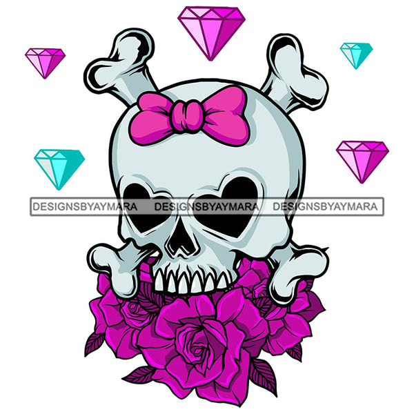 Female Skull Head Bow Diamond Rosses Tattoo Bones Death Dead SVG PNG JPG Cut Files For Silhouette Cricut and More!