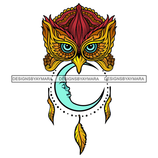 Owl Head Moon Dreamcatcher Feathers Tattoo SVG PNG JPG Cut Files For Silhouette Cricut and More!