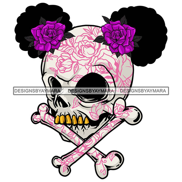 Afro Cute Skull Head Puff Pink Dead Death Female Bones Tattoo Gold Teeth SVG PNG JPG Cut Files For Silhouette Cricut and More!