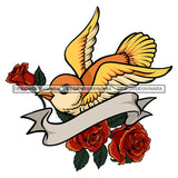 Bird Holding Roses Flowers Wedding Ribbon Tattoo Flying Wings Wild SVG PNG JPG Cut Files For Silhouette Cricut and More!