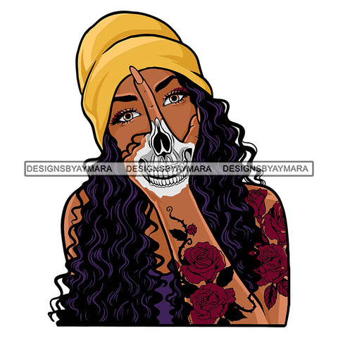 Woman Winter Hat Skull Tattoo Hand Face Rosses Curly Hair SVG PNG JPG Cut Files For Silhouette Cricut and More!