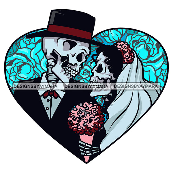 Couple Skulls Love Heart Soulmate Skull Dead Bouquet Flowers Relationship Tattoo Grave Rosses SVG PNG JPG Cut Files For Silhouette Cricut and More!