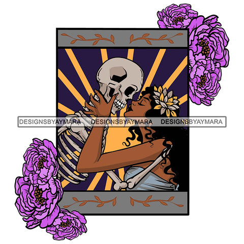Skull Man Kissing Melanin Woman Couple True Love Relationship Soulmate Flowers Dead Death Tattoo SVG PNG JPG Cut Files For Silhouette Cricut and More!