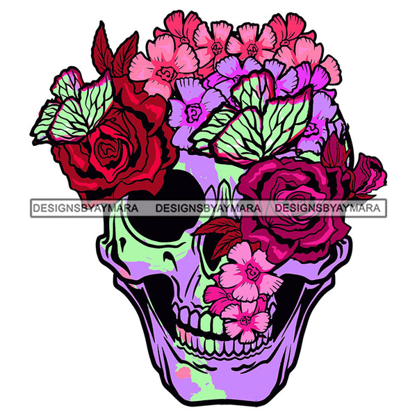 Skull Head Butterfly Rosses Tattoo Skeleton Dead Flowers SVG PNG JPG Cut Files For Silhouette Cricut and More!